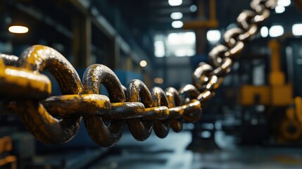 Poster - Chain links displayed prominently in an industrial workshop, with machinery and robots busy in the background, highlighting craftsmanship and technology.