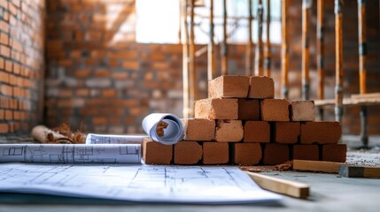 Poster - Bricks, scaffolding, and blueprints laid out on a construction site, symbolizing the planning and work that goes into building a new home.