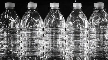 Poster - Clear plastic bottles moving in perfect alignment along a production line, with their shiny surfaces creating a symmetrical and clean visual.