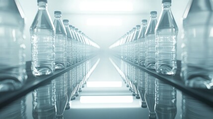 Poster - Clear plastic bottles moving in perfect alignment along a production line, with their shiny surfaces creating a symmetrical and clean visual.