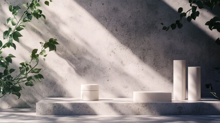Aufkleber - A beautifully arranged display features minimalist skincare products on a textured surface. Lush green foliage surrounds the setting, enhancing the tranquil atmosphere and highlighting the items