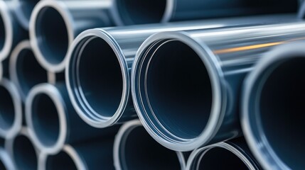 Aufkleber - Close-up of a large stack of polyethylene PE pipes stored in an industrial plant, highlighting their clean, organized arrangement against a neutral backdrop.