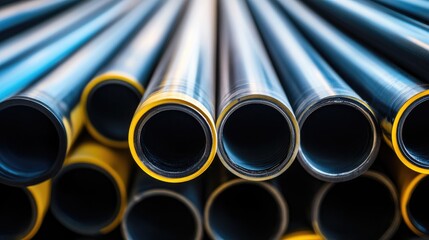 Aufkleber - Close-up of a large stack of polyethylene PE pipes stored in an industrial plant, highlighting their clean, organized arrangement against a neutral backdrop.