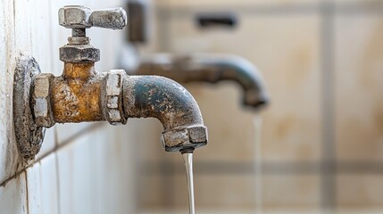 Aufkleber - Close-up of a leaking pipe joint in an apartment bathroom, with water dripping and highlighting the need for prompt plumbing maintenance.