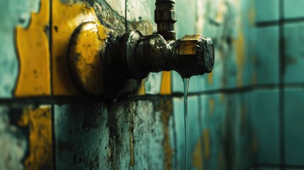 Aufkleber - Close-up of a leaking pipe joint in an apartment bathroom, with water dripping and highlighting the need for prompt plumbing maintenance.