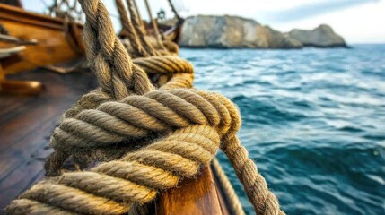 Aufkleber - Close-up of a thick rope tied on a boat with the vast sea in the background, highlighting the craftsmanship and texture of the rope.