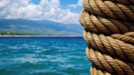 Aufkleber - Close-up of a thick rope tied on a boat with the vast sea in the background, highlighting the craftsmanship and texture of the rope.