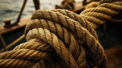 Aufkleber - Close-up of a thick rope tied on a boat with the vast sea in the background, highlighting the craftsmanship and texture of the rope.