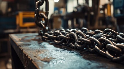 Poster - Close-up of heavy metallic chains on a workbench in an industrial workshop, highlighting the texture, reflection, and craftsmanship in the metalwork process.