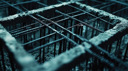 Poster - Close-up of rebar and formwork carefully arranged in a foundation pit, ready for the next step in the construction of a building.