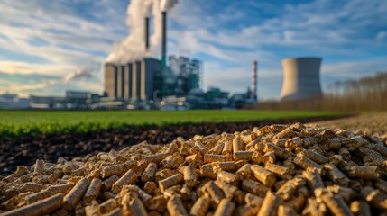 Poster - Close-up of wood pellets with a power plant in the distance, emphasizing the sustainable energy source and its contribution to clean energy.
