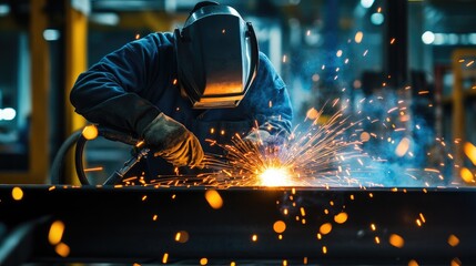 Poster - Close-up shot of a welder in action, sparks flying from the metal as they work with precision, surrounded by a busy industrial environment.