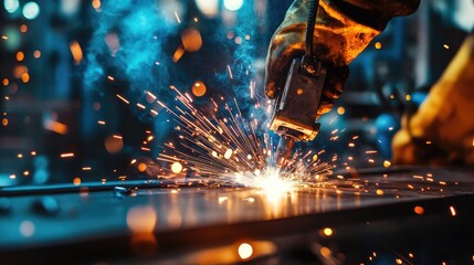 Poster - Close-up shot of a welder in action, sparks flying from the metal as they work with precision, surrounded by a busy industrial environment.