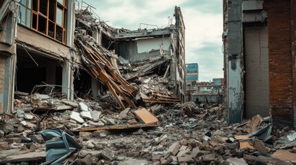 Poster - Debris and structural ruins from a destroyed building seen from the side, creating an impactful visual of destruction and reconstruction.