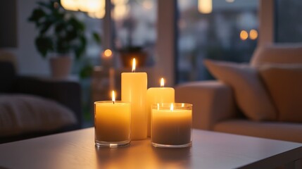 Poster - Glowing candles in a cozy living room setting, casting a warm and tranquil light that invites relaxation and calm.