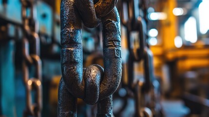 Poster - Industrial heavy metal chains hang against the backdrop of steel machinery, capturing the intricate texture and craftsmanship of the metalwork process.