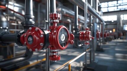 Poster - Industrial pipes with red valves connected in a factory setting, emphasizing the functional and mechanical design of the system.