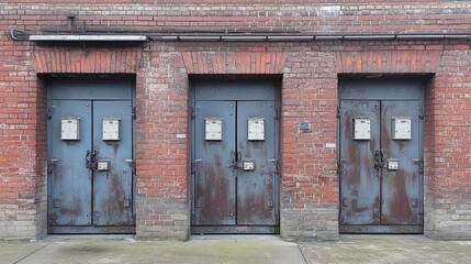 Poster - Metal doors within a red brick wall mark the entrance to a transformer area, combining industrial design with weathered, aged brickwork.
