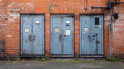 Poster - Metal doors within a red brick wall mark the entrance to a transformer area, combining industrial design with weathered, aged brickwork.