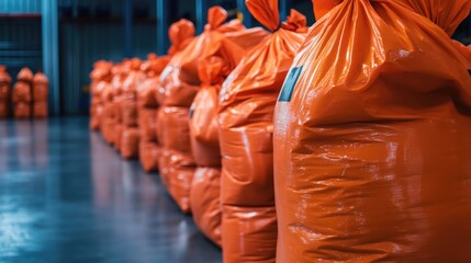 Poster - Orange bags stacked in an industrial warehouse setting, with clear focus on organization and the logistics of storage operations.