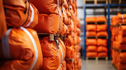 Poster - Orange bags stacked in an industrial warehouse setting, with clear focus on organization and the logistics of storage operations.