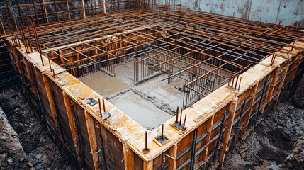 Poster - Rebar and formwork inside a foundation pit, meticulously arranged for the next step of concrete pouring, illustrating the care in construction.