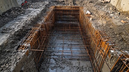 Poster - Rebar and formwork inside a foundation pit, meticulously arranged for the next step of concrete pouring, illustrating the care in construction.