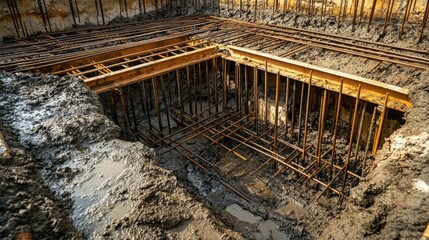 Poster - Rebar and formwork inside a foundation pit, meticulously arranged for the next step of concrete pouring, illustrating the care in construction.