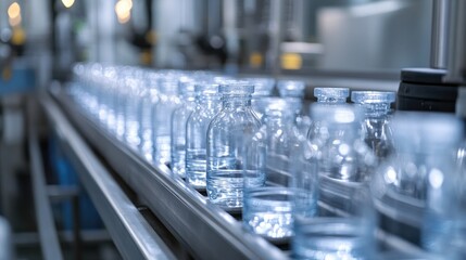 Poster - Rows of clear bottles moving along a production line, with gleaming surfaces and exact alignment, emphasizing the efficiency of the process.