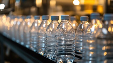 Poster - Rows of clear bottles moving along a production line, with gleaming surfaces and exact alignment, emphasizing the efficiency of the process.