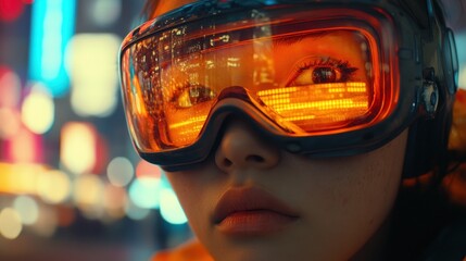 Poster - Woman in Futuristic Goggles Reflecting City Lights in a Cyberpunk Style