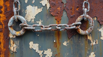 Aufkleber - Rusted, worn-out chain hanging from a rusted metal surface with peeling paint, evoking a sense of abandonment and time passing.