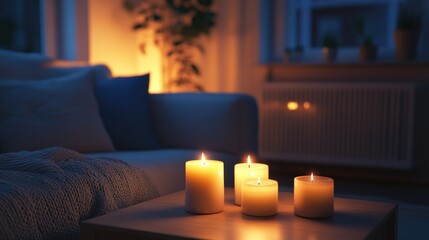 Poster - Soft glowing candles light up a cozy living room, creating a peaceful ambiance perfect for unwinding and enjoying quiet moments.