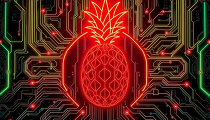 Poster - Glowing pineapple illustration with circuit board background in red orange