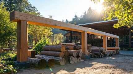 Poster - Square beams of lumber drying under warm sunlight, with logs and greenery in the background, showcasing the natural drying process.
