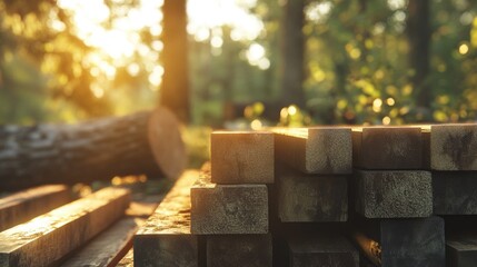 Poster - Square lumber beams stacked high, drying under the warm sunlight, with logs and greenery in the background, creating a natural, rustic scene