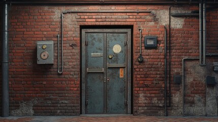 Poster - The entrance to a transformer area with metal doors set into a red brick wall, creating an industrial look softened by the aged bricks.
