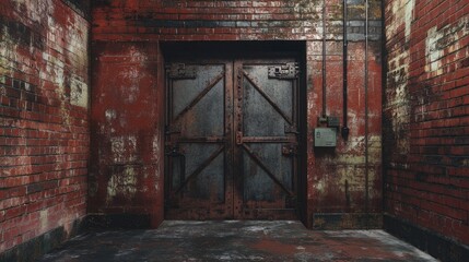 Poster - The entrance to a transformer area with metal doors set into a red brick wall, creating an industrial look softened by the aged bricks.