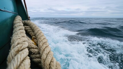 Poster - The texture of a rope on a boat at sea, with the ocean in the background, emphasizing the strength and durability of the rope in a marine setting