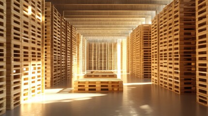 Aufkleber - Wooden shipping pallets neatly stacked in a spacious warehouse, showcasing efficient use of space in a modern storage facility.