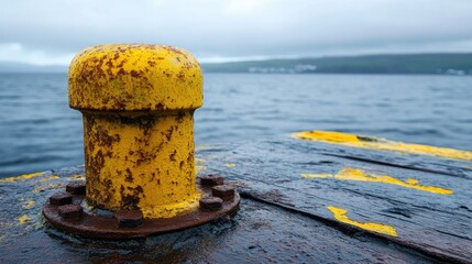 Poster - Yellow, rusted bollard mounted on a dock, showing age and wear against the scenic coastal background of a calm harbor.