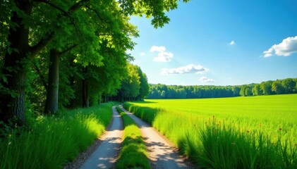 Wall Mural - sun-dappled country lane winds through lush green forest, blue sky above , canopy, environment