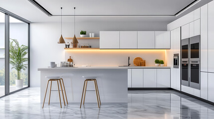 A modern kitchen with white cabinets and a marble countertop