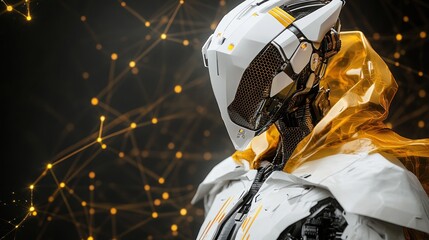 Poster - Futuristic Robotic Figure with Golden Accents and Neural Network Background