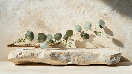 Poster - A beautifully arranged podium made of stone supports a delicate branch adorned with lush eucalyptus leaves, casting gentle shadows. The minimalist backdrop enhances the organic beauty
