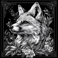 Wall Mural - Monochrome fox portrait with floral embellishments. Possible use print design or wall art