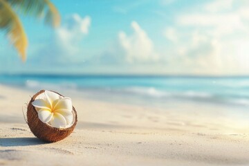 Wall Mural - Tropical beach scene with a coconut and a plumeria flower on sandy shore, evoking relaxation, vacation, and summer vibes in vibrant colors