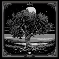 Wall Mural - Grayscale Tree of Life at Night