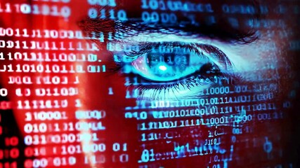 man stares at camera blinking movement digital glitch screen distortion red blue serious cinematic technology cyberpunk futuristic science-fiction artificial intelligence hacker binary code
