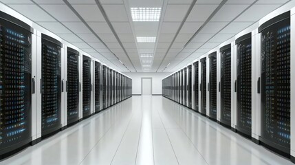  Data center server room; rows of racks;  high-tech infrastructure;  digital technology